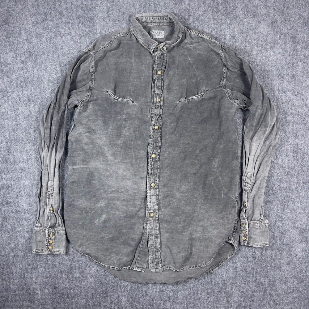 Ryan Michael Western Pearl Snap Shirt Mens Large Gray Silk Linen Long Sleeve